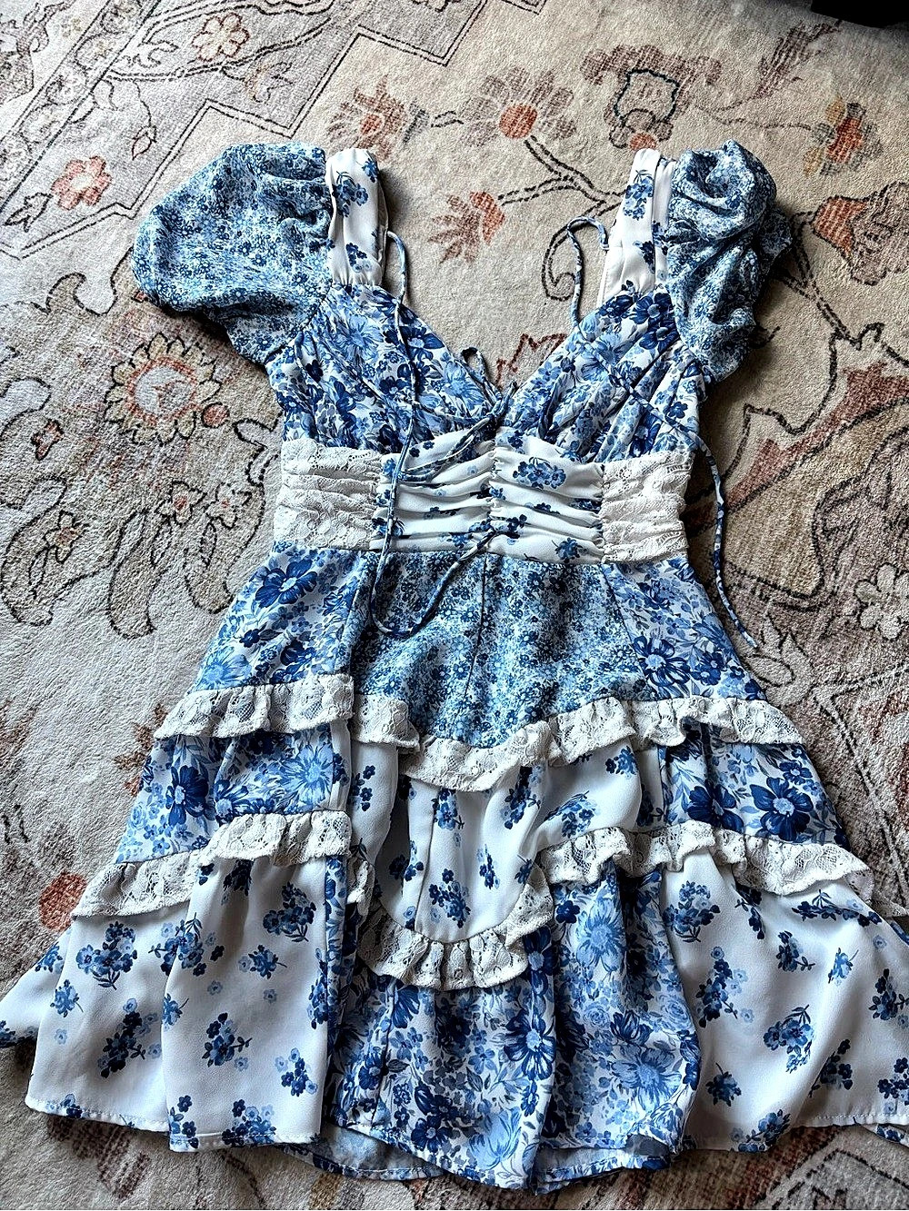 Altar'd State Blue & White Floral Patchwork Puff Sleeve Mini Dress Like New